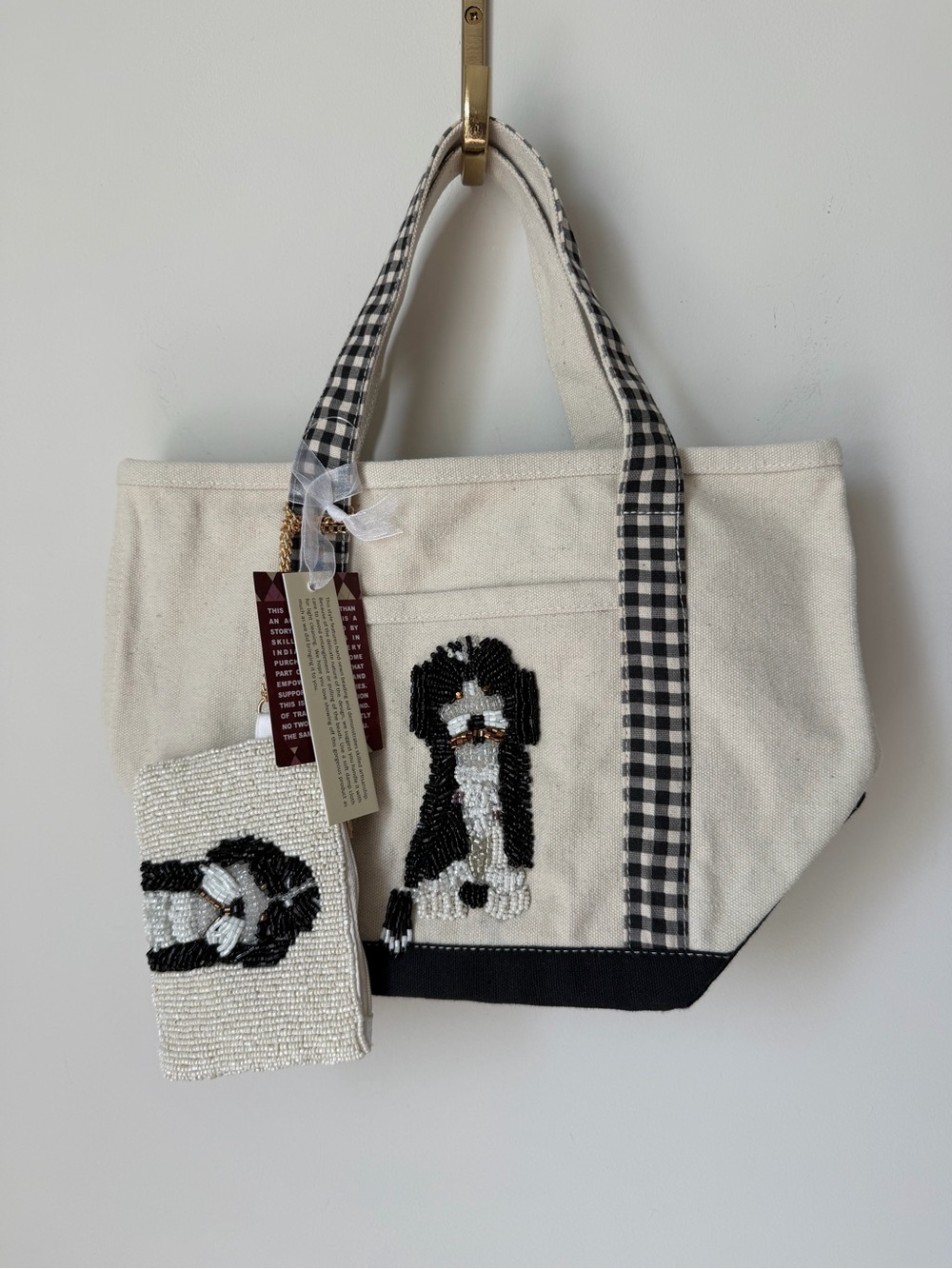 Beaded Black White dog gingham Tote bag with beaded wallet